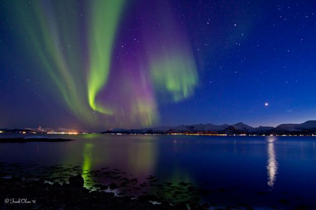 AuroraBeautifulDisplayOverWater,Norway;Photo,FrankOlsen