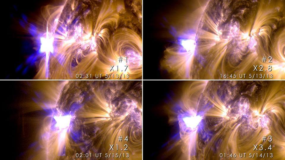 CME_2013-05-13-15UT_Flares-X1,7_X2,8_X3,4_X1,2